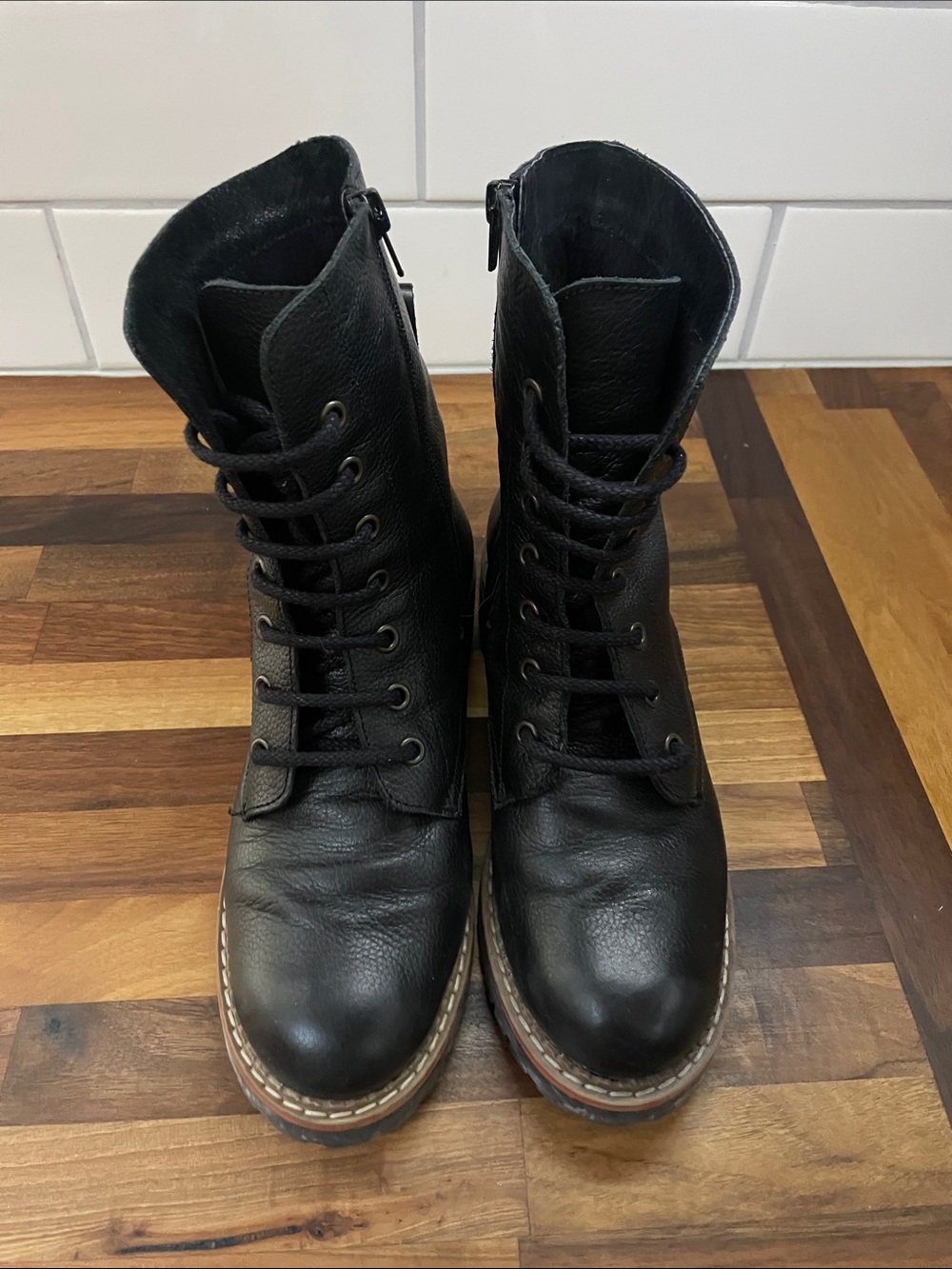 Black Leather Combat Boots - Unbranded